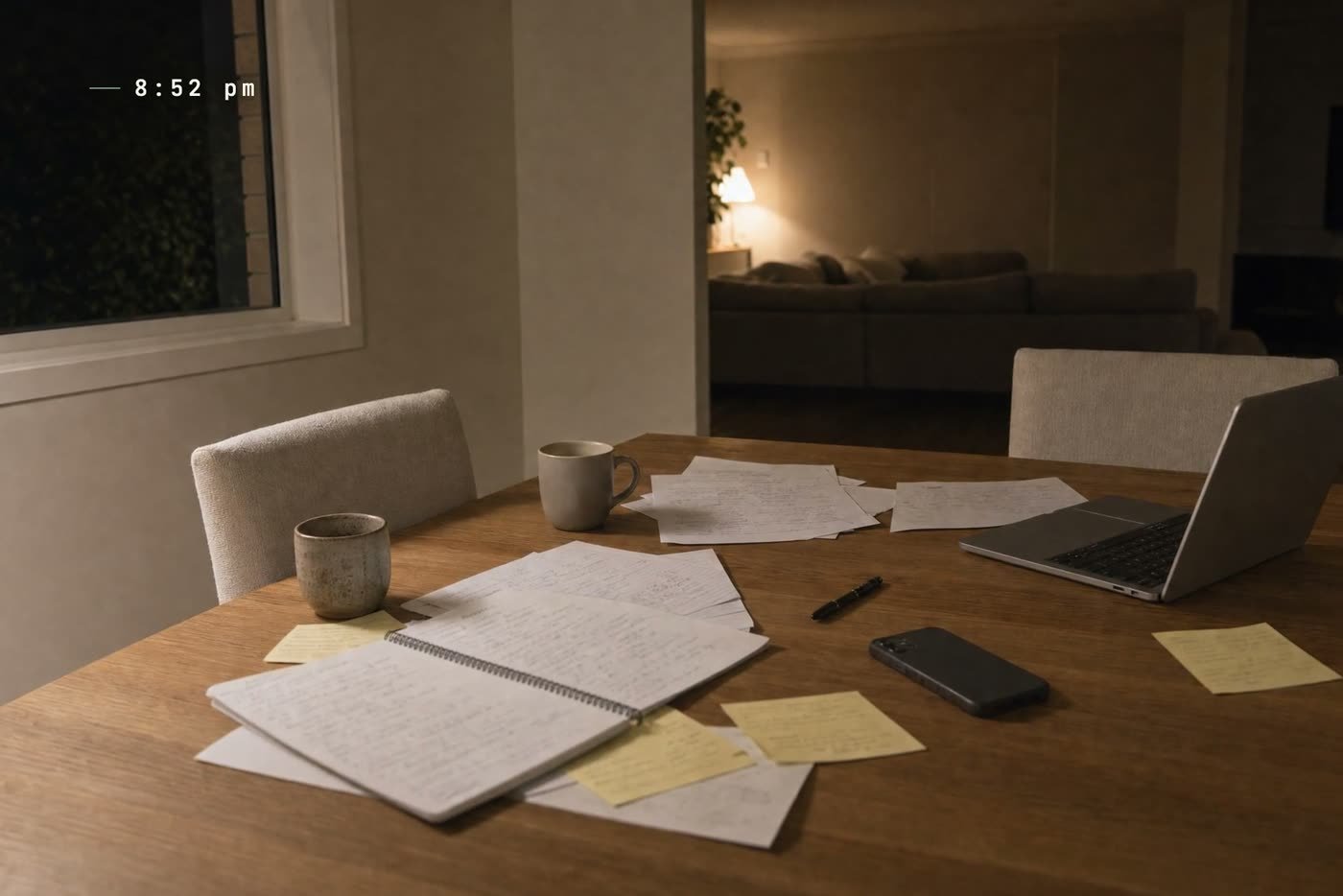The same table late in the evening, lamp on, the day's paper still spread across it.